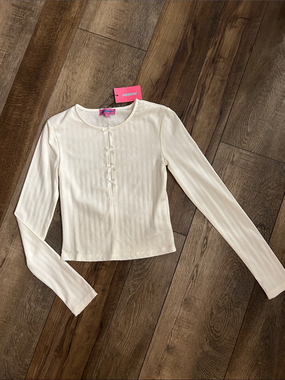 Edikted Cream Ribbed Scoop Neck Top with Mini Bow Front